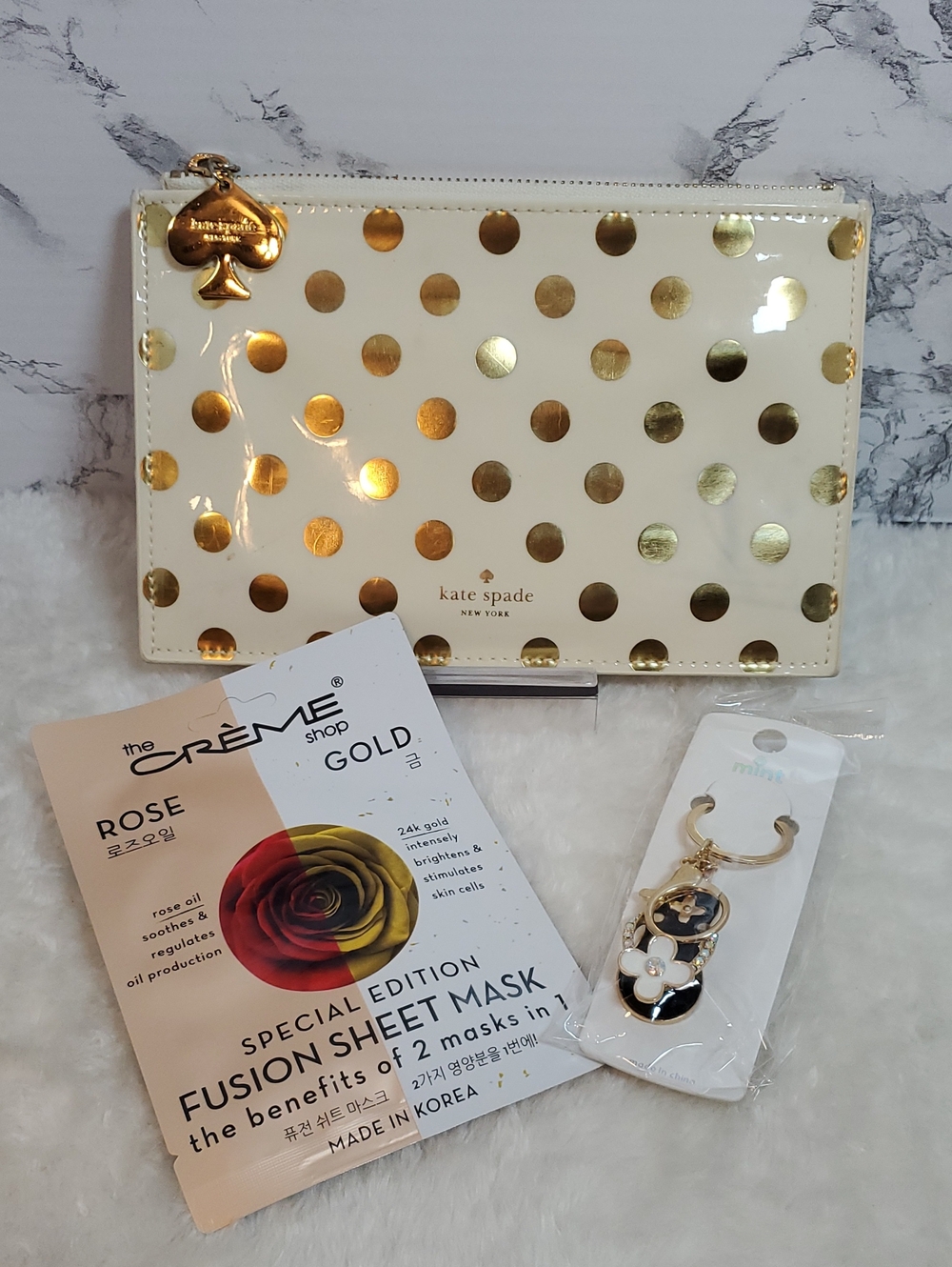 kate spade Cream and Gold Polka Dot Makeup Pouch Bundle